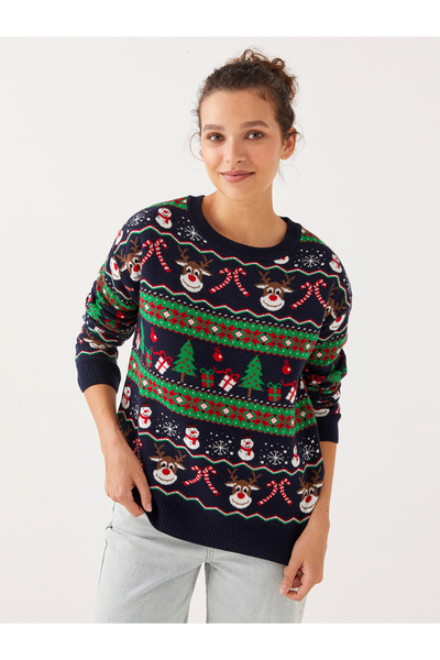 LC Waikiki Crew nyakú újévi témájú, hosszú ujjú női kötöttáru pulóver