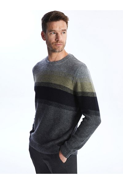 LC Waikiki Men's Knitwear Sweater - Crew Neck, Long Sleeve, Color Block