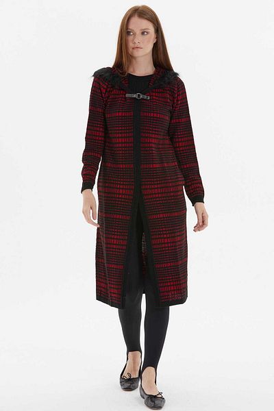 Two Mail Black-Red Long Cardigan - Fur Detailed