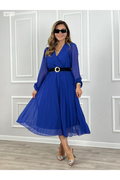 modaserdem Women's Long Sleeve Lined Flared Cut Chiffon Fabric Midi Evening D...