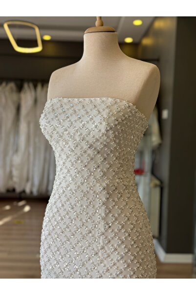 Lenta Wedding Beyaz Taş İşlemeli Kalem Midi Boy Nişan Ve Gece Elbisesi