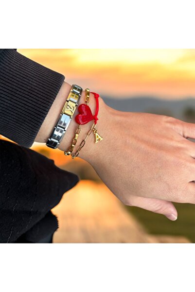 derokas Kalp Murano Ve Kırmızı İp Harfli Zarif Çelik Zincir Bileklik 2li Set