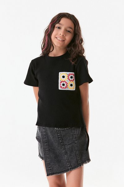 Fulla Moda Crew Neck Ribbed Girl's T-Shirt - Pocket