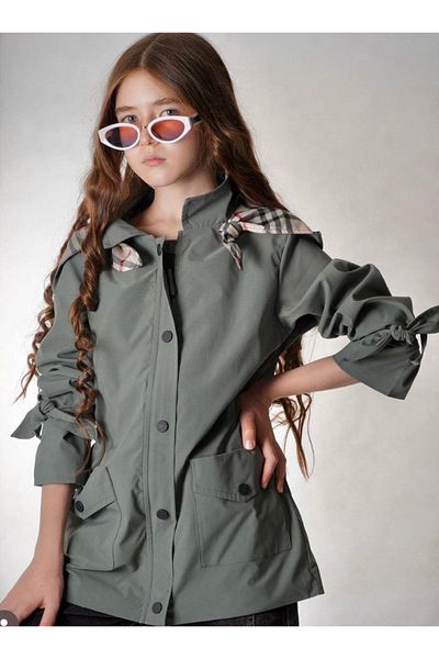 İrem Çocuk Giyim Girl's Zipper Closure Hooded Sleeve Tied Model Pocket Lined Khaki Color Raincoat
