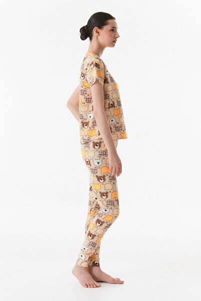 Fulla Moda Ayıcık Baskılı Bisiklet Yaka Pijama Takımı