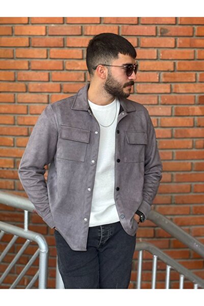 TUNAHAN ERKEK GİYİM Slimfit Kesim Erkek Çift Cepli Süet Gömlek-GRİ