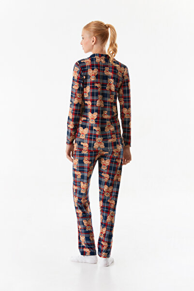 Fulla Moda Teddy Bear Patterned Shirt Collar Suede Pajama Set