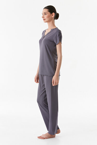 Fulla Moda Basic V Yaka Dantel Detaylı Pijama Takımı