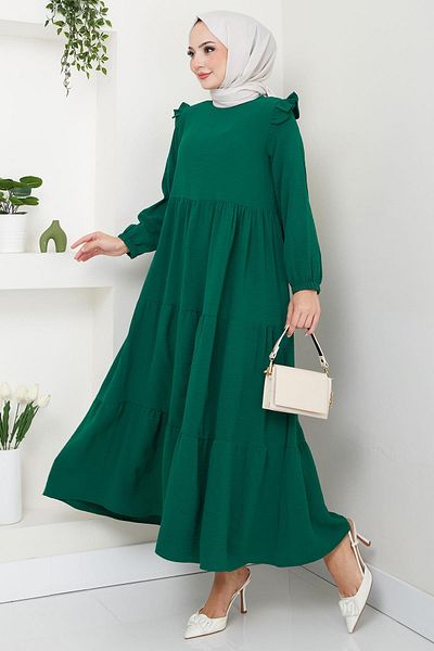 hafsamina Emerald Green Hijab Dress - Shoulder Ruffle, Ayrobin Hm2062