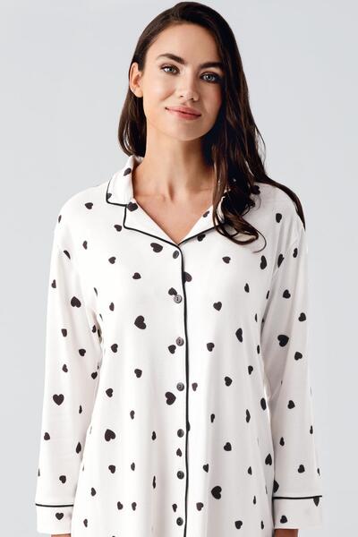 Artış Thermal Long Sleeve Buttoned Heart Print Stretchy Soft Textured Maternity Nightgown