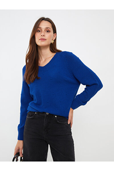 LC Waikiki Dámský pletený svetr s vlastním vzorem s dlouhým rukávem s výstřihem do V