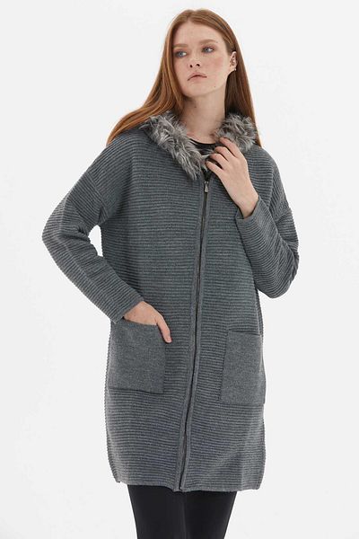 Two Mail Cardigan din blană antracit - cu buzunare