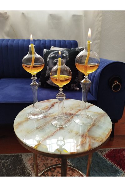 püür glass Dekoratif El Yapımı Hediyelik Küre Kandil 3'lü Set (Kandil Yağı He...