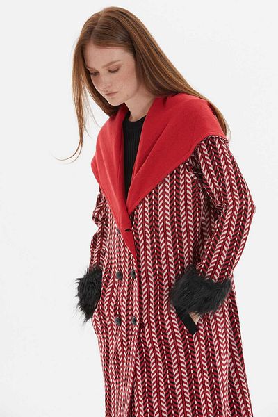 Two Mail Scarlet Red Patterned Knitwear - Fur Detailed