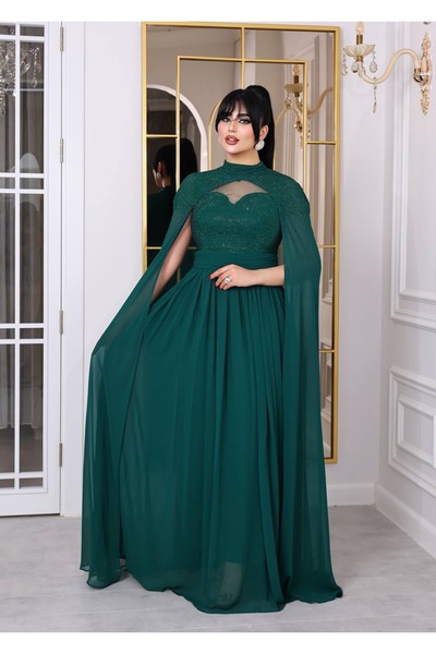 H4K MODA فستان سهرة طويل من الشيفون مع كيب