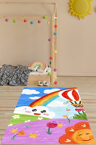 on the clouds Renkli Gökkuşağı Çiçekli Uçan Balon  Yıkanabilir Kaymaz Taban L...