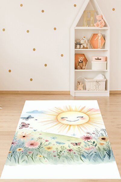 on the clouds Güneş Doğa İçinde Uçuşan Kelebekli Çiçekli Yıkanabilir Kaymaz T...