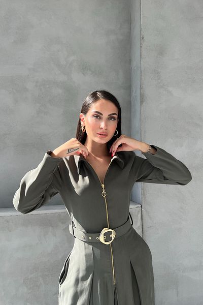 Seda Yalçın Atelier Khaki Long Dress with Zipper Detail on the Front and Belt