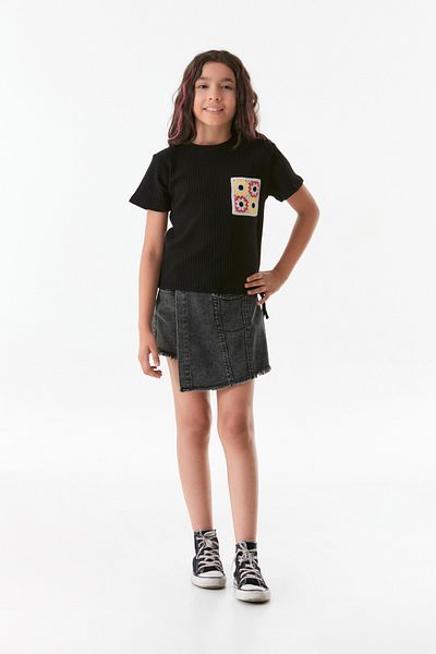 Fulla Moda Crew Neck Ribbed Girl's T-Shirt - Pocket