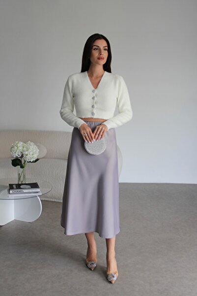 Bolesa Suadiye V-Neck Silver Jewelled Heart Buttoned Soft Teddy Premium Short Cardigan