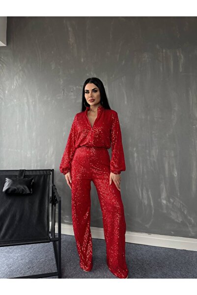 bymaestro woman Kadın Kırmızı Pul Payet Hırka Pantolon Takım