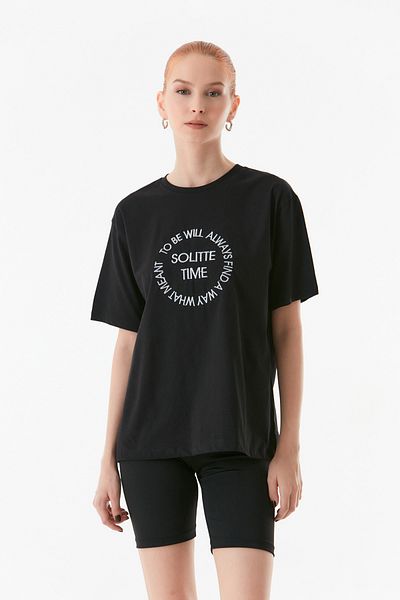 Fulla Moda Crew Neck Text Embroidered Oversize T-Shirt