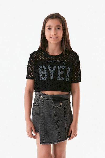 Fulla Moda Crew Neck Openwork Crop Μπλούζα - Κοριτσίστικη, εμπριμέ