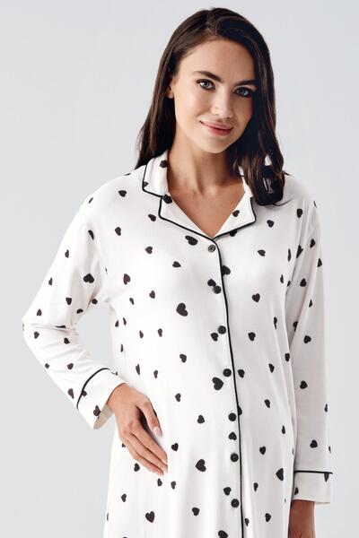 Artış Thermal Long Sleeve Buttoned Heart Print Stretchy Soft Textured Maternity Nightgown