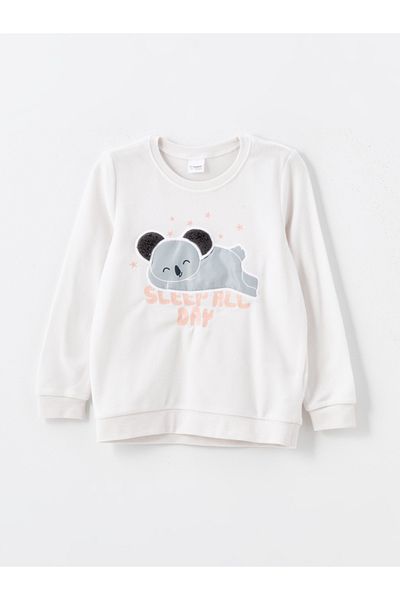 LC Waikiki Crew Neck Embroidered Fleece Girl's Pajama Set