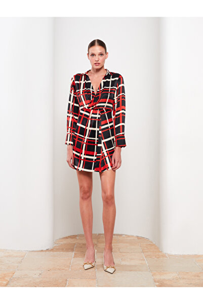 LC Waikiki Satin Women's Dress - Shirt Collar, Plaid, Long Sleeve