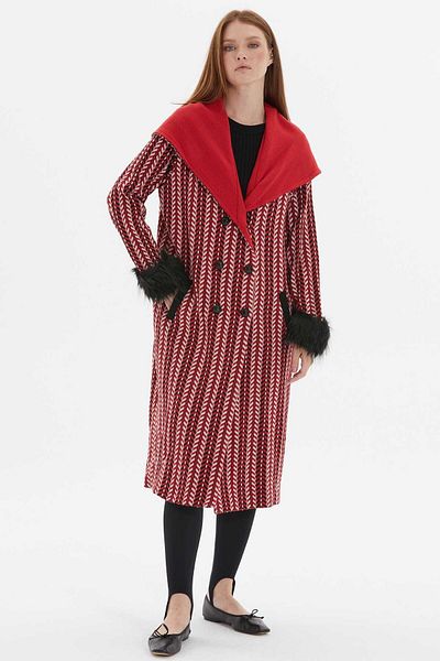 Two Mail Scarlet Red Patterned Knitwear - Fur Detailed