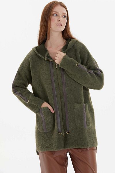 Two Mail Khaki Leather Detailed Cardigan
