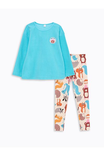LC Waikiki Bedrucktes Langarm-Pyjama-Set für Mädchen mit Rundhalsausschnitt