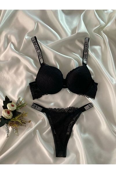 Beyaz Gelincik Underwear Γυναικείο Σετ Εσώρουχα Σετ Εσώρουχα Μαύρη Δαντέλα με Πέτρα με Υποστήριξη Push Up