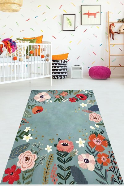 Pelangi Floral Çiçekli Minimal Bohem Tarz Yıkanabilir Kaymaz Taban Leke Tutma...