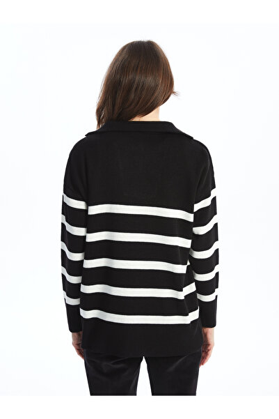 LC Waikiki Gestreifter, übergroßer Damen-Strickpullover mit Stehkragen