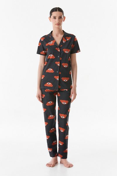 Fulla Moda Shirt Collar and Teddy Bear Printed Pajama Set