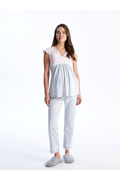 LC Waikiki Double Breasted Collar Patterned Short Sleeve Maternity Pajamas Set