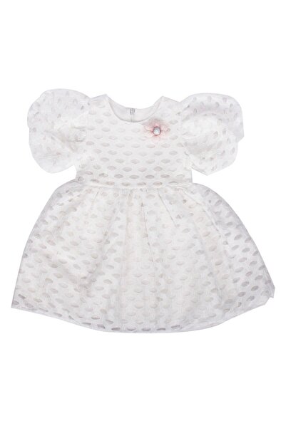 bebegen Kız Çocuk Ekru Tüllü Benekli Yaka Çicekli Elbise