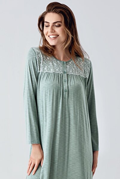 Artış Long Sleeve Lace Buttoned Stretchy Viscous Nightgown
