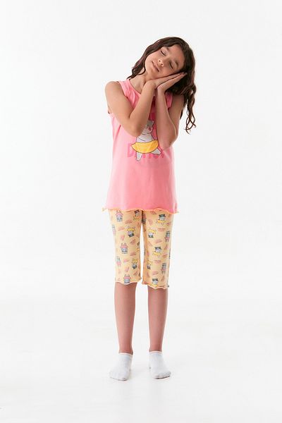 Fulla Moda Crew Neck Cat Printed Girl's Pajama Set