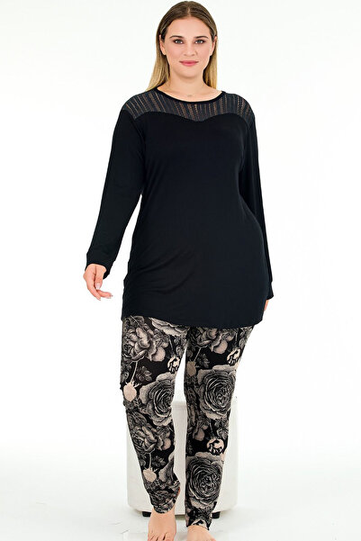 Jenny Daphne Soft Viscose Pajama Set - Floral Pattern, Lace Shoulders, Long Sleeve Big Size 11390