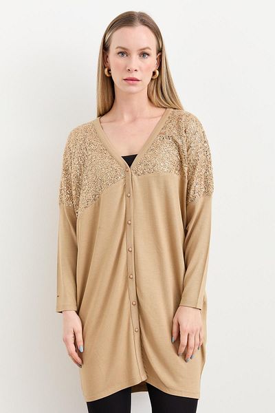 Two Mail Cardigan largi cu dantelă colorată în piatră