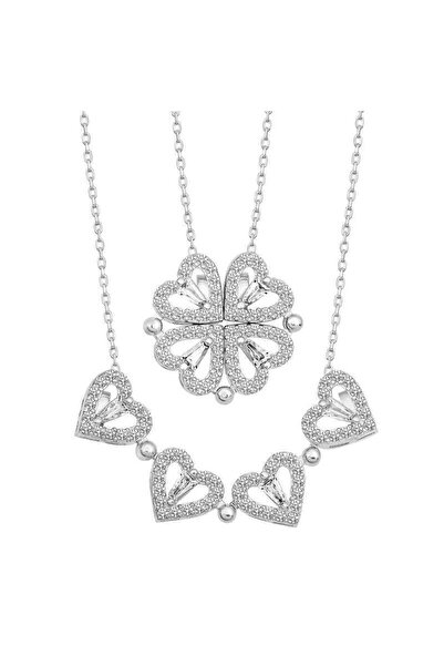 SARIASLAN Kadın Baget Taş Kalpli Açılabilen Yonca Gümüş Kolye, Doğum Günü Hed...