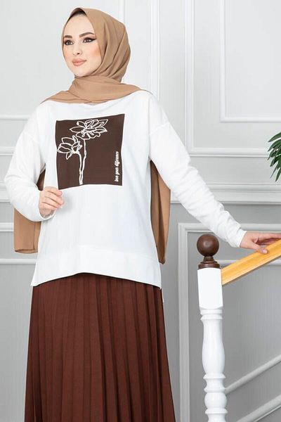 SEVENLINE Rose Printed Slit Detailed Tunic Sweatshirt and Pleated Skirt Set