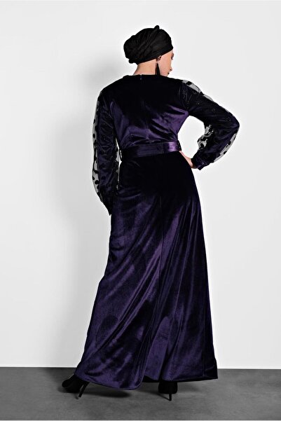 Alvina KADİFE KOLLARI TÜLLÜ KEMERLİ ELBİSE 40378