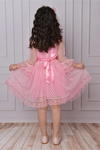 Şenkız Prenses Model Puanlı Dantelli Tokalı 23nisan 29ekim 19mayıs Gösteri Pembe Renk Kız Çocuk Elbise