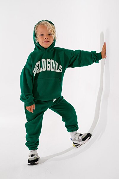 Magu Boy's Green Slogan 3 Thread Winter Cotton Hooded Sweatshirt Tracksuit Top and Bottom Set