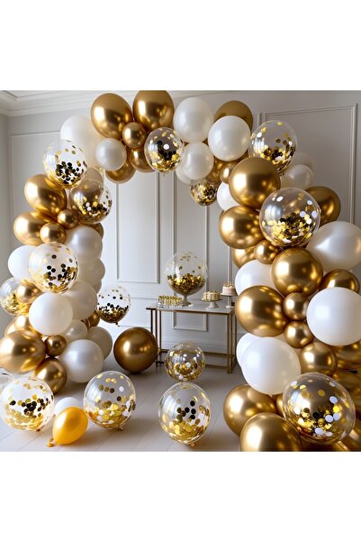 GözdeParti 60 Adet Gold Beyaz Krom Balonlu Doğum Günü Parti Seti
