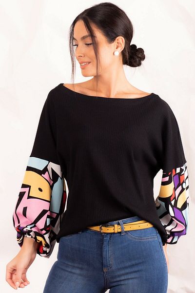 armonika Farbige, lockere Damenbluse mit schwarzen Ärmeln, ARM-20K001085